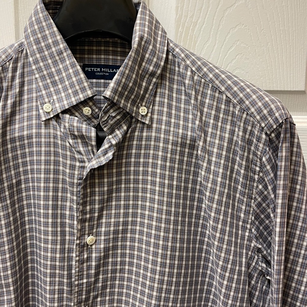 Peter Millar Men's Sz Medium Blue, Brown & White Plaid Button Up 100% Cotton